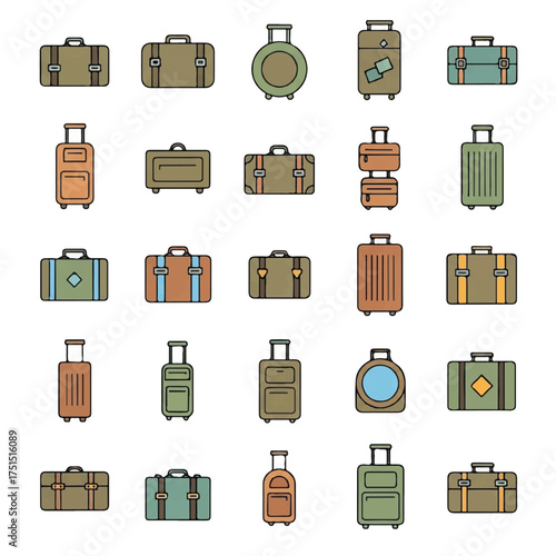 Collection of various suitcases arranged neatly on a white surface representing travel and vacations with a minimalist aesthetic, evoking a sense of organization and wanderlust.