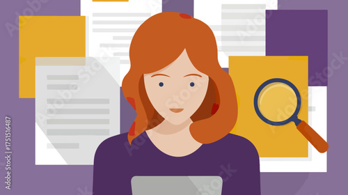 Woman analyzing documents using a magnifying glass