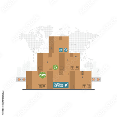 Cardboard boxes stacked for global express delivery and shipping logistics.