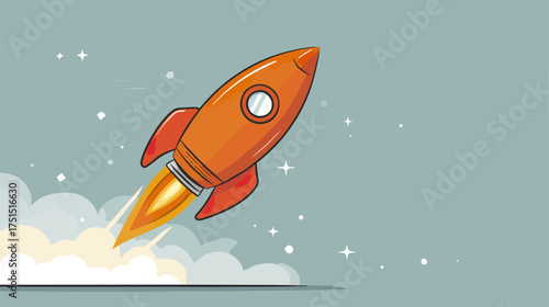 Cartoon rocket launching illustration against blue background