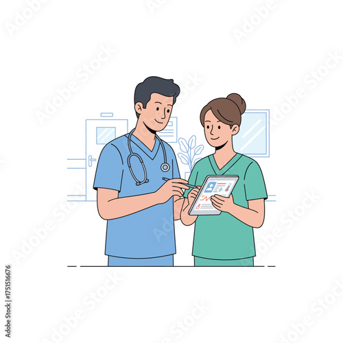 Male doctor and female nurse discussing patient records on a digital tablet.