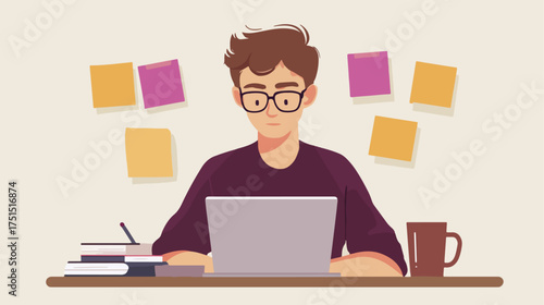 Person working on laptop at desk surrounded by sticky notes