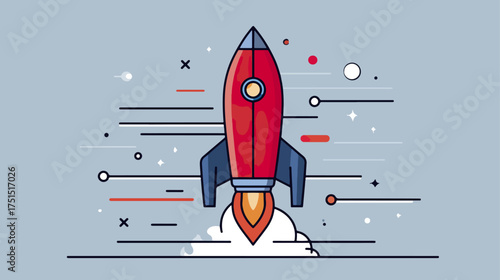 Rocket ship taking off against a solid color background with motion lines illustration
