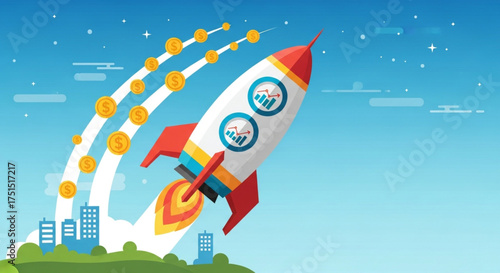 Rocket launching from city to sky with coins, symbolizing business startup, success, investment, and growth