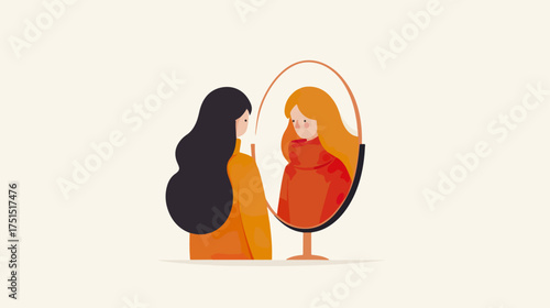 Woman looking in mirror illustration reflection concept