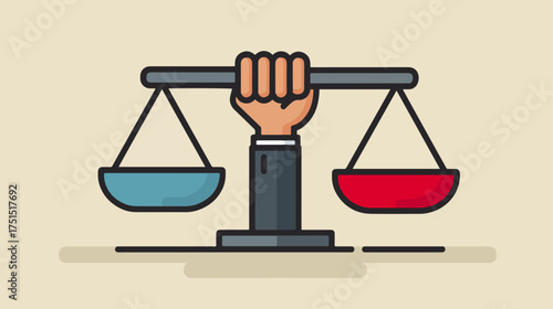 Justice concept illustration with hand holding balance scales on beige background