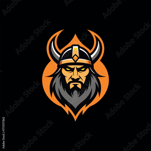 Fierce viking warrior mascot with horned helmet and intense gaze