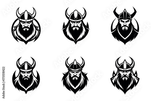 Six distinct viking warrior head emblems in black and white