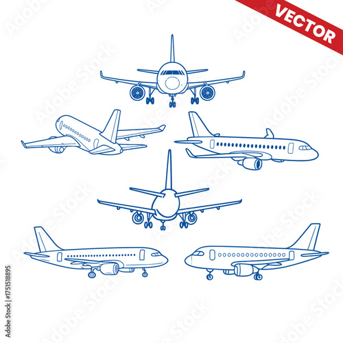 Various airplane commercial passenger jet aircraft outline vector illustration back view