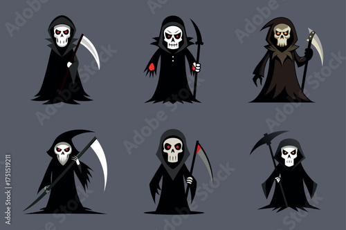 Six cartoon grim reapers with scythes in various poses