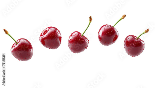 Five ripe, red cherries aligned on a black background, still-life fruit scene