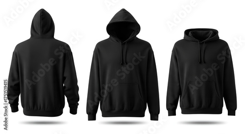 Collection of blank black hoodie mockups shown from front and back views. Realistic unisex pullover sweatshirt template for apparel design