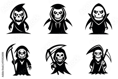 Six stylized grim reaper characters with different poses