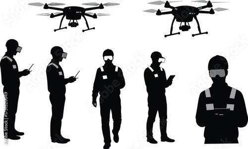 Drone technology, virtual reality headset, augmented reality, remote control, industrial inspection, professional operator, modern workplace, aerial surveillance, innovation, future technology