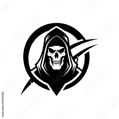 Grim reaper skull logo with scythe in circle