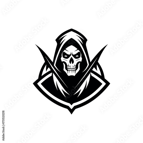 Grim reaper skull emblem with crossed scythes
