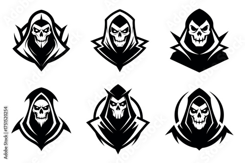 Six stylized grim reaper skull emblems for gaming and design