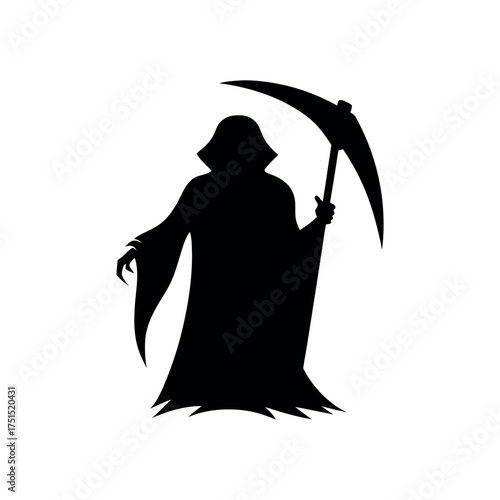 Grim reaper silhouette with scythe on white background