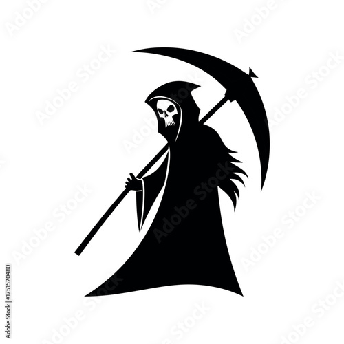 Grim reaper silhouette with scythe on white background