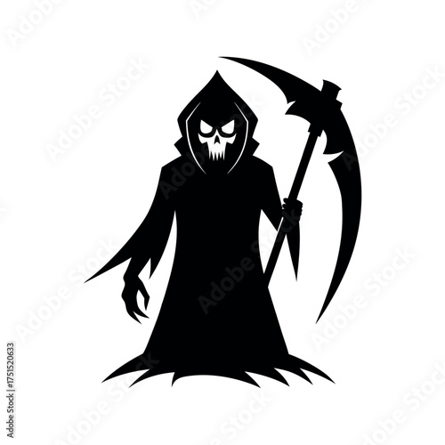 Grim reaper silhouette with scythe on white background
