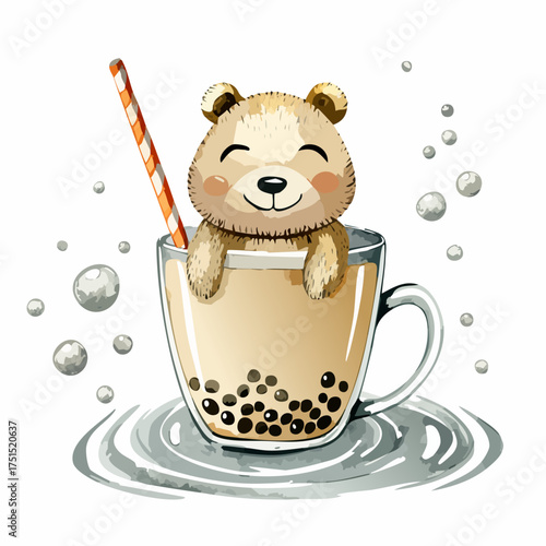 Cute watercolor bear character relaxing inside a glass cup of boba milk tea