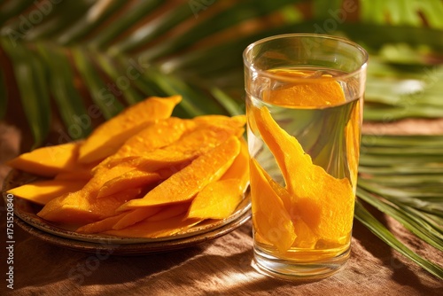 Mango slices and mango infused water refreshment closeup