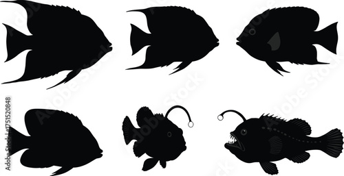 Silhouette fish collection, deep sea marine clipart, ocean underwater vector, anglerfish and tropical fish icons, aquatic life illustrations, isolated black shapes set