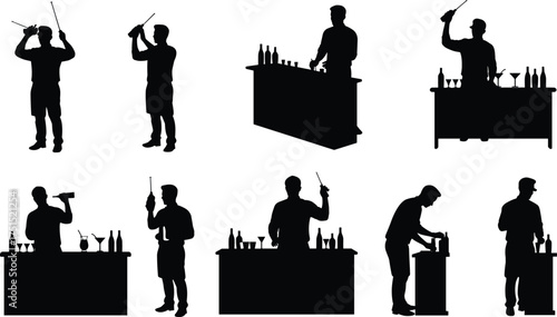 Bartender silhouette illustration, cocktail shaker action, bar counter service, drink pouring design, mixology concept art, nightlife beverage preparation, hospitality training graphic, 