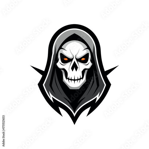 Grim reaper skull with fiery red eyes and hood