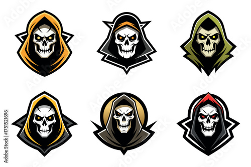 Collection of six grim reaper skull emblems with hoods