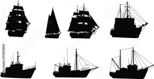 Ship and boat silhouettes collection, sailing vessel vector illustration, fishing trawler cargo ship sailboat designs, black and white nautical transport graphic art set