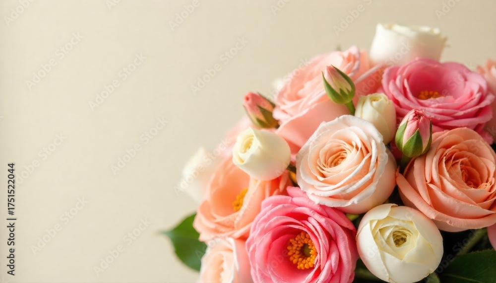 Obraz premium Artisan Bridal Bouquet with Silk Ribbons, Featuring Peonies, Roses, and Eucalyptus on a Textured Surface A close up, overhead view of an exquisite bridal bouquet. The arrangement features lush