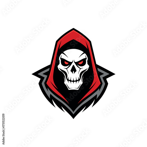 Fierce grim reaper skull with red hood and glowing eyes