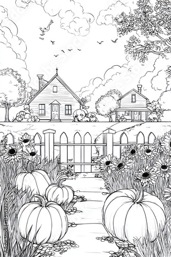 Halloween line art sketch for coloring book, pumpkins and festive scene