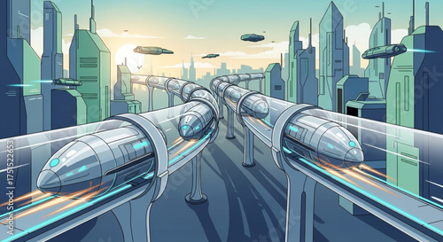 Futuristic city with highspeed trains, showcasing advanced transportation and urban planning, representing innovation and technological progress in a modern world