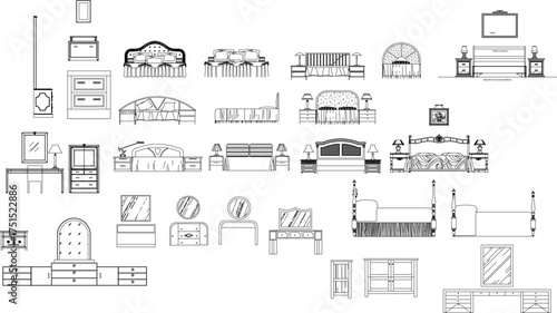 A large collection of black and white line art illustrations of bedroom furniture, including various bed styles, dressers, and vanities