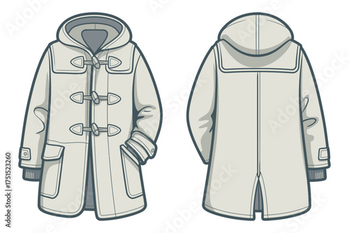 Fashion CAD Template of Duffle Coat,  Flat Vector Technical Drawing of Hooded Outerwear with Toggle Closure, Detailed Front and Back Views for Winter Clothing Design Projects