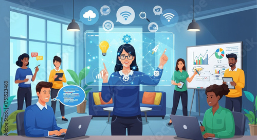 Diverse team collaborating on innovative project with technology and communication, brainstorming ideas and sharing knowledge in a modern office environment