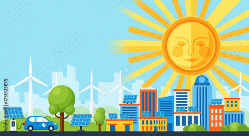 Green city concept with solar panels, wind turbines, and electric vehicles powering buildings, vector illustration