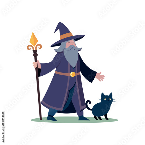 Wise wizard with staff and black cat companion
