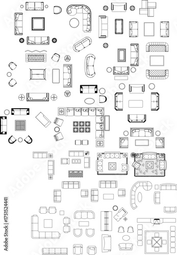 A large collection of black and white line art top-view illustrations of living room furniture, including sofas, tables, and various seating arrangements.