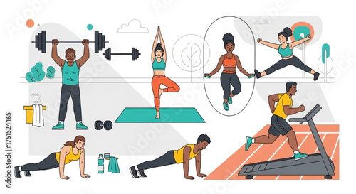 A diverse group of people engaged in various fitness activities, including weightlifting, yoga, jumping rope, running, and stretching promoting health and wellness