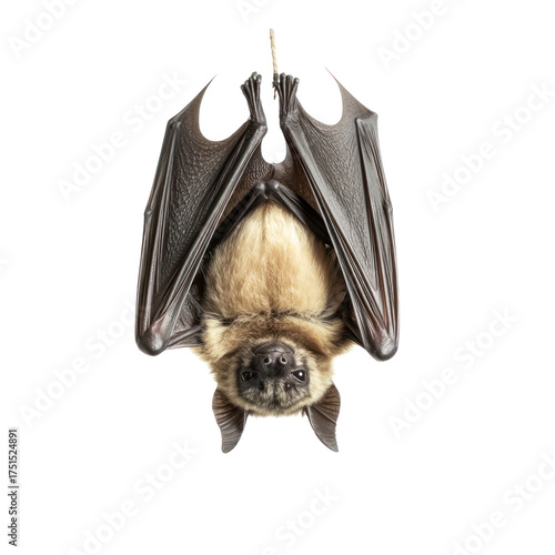 Bat hanging A bat hangs upside down from a surface, wings wrapped around its body. full length isolate on transparent background