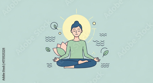 A serene woman is meditating in lotus position, surrounded by nature elements, promoting relaxation and mindfulness in a peaceful and calming environment