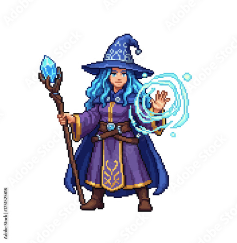pixel art female wizard casting magic spell fantasy illustration