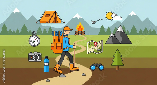 An animated scene of a backpacker trekking through a mountainous terrain, surrounded by camping essentials and navigational tools, symbolizing exploration