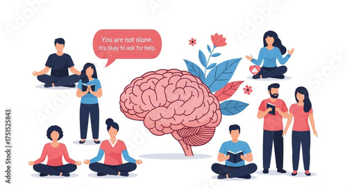 People meditating and reading books around a brain, symbolizing mental health, mindfulness, and the importance of taking care of your mental wellbeing