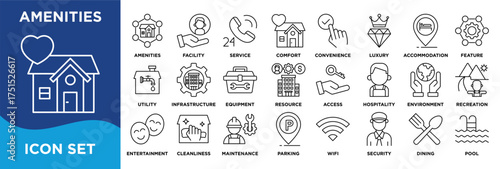 Amenities icon collection set. Containing amenities, facility, service, comfort, convenience and luxury icon. Simple line vector