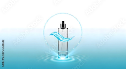 Aquatic Perfume Bottle Mockup in Water with Blue Wave Icon
