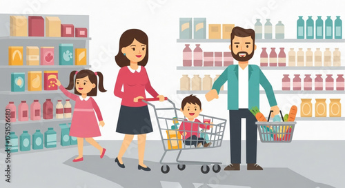 A family of four is shopping for groceries in a supermarket, with the parents pushing a shopping cart filled with food and drinks on the shelves